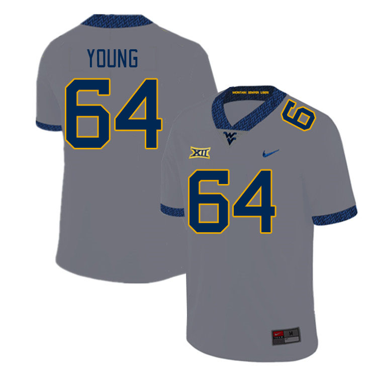 Men #64 Cooper Young West Virginia Mountaineers College Football Jerseys Stitched Sale-Gray
